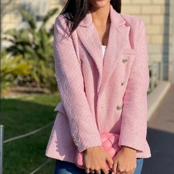 Classic Pink Tweed Double Breasted Blazer Chic Classy - Picture 5 of 14